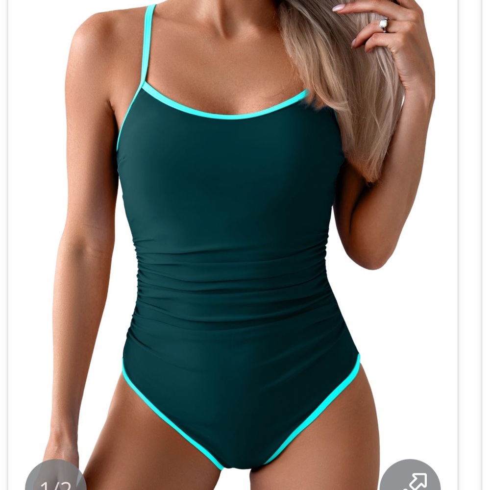 Peacock Green One-Piece Swimsuit with Light Blue Trim
